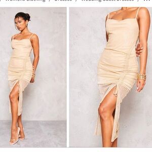 NWT PrettyLittleThing Gold Glitter Metallic Ruched Midi Party Dress Small 4